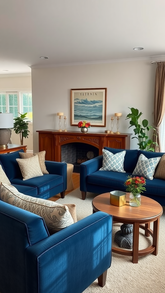 A cozy living room featuring navy blue sofas, a wooden coffee table, and greenery.