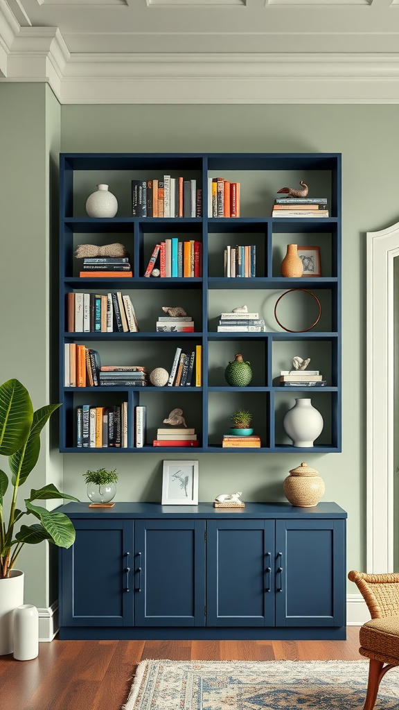 Navy blue shelving unit with books and decor in a living room