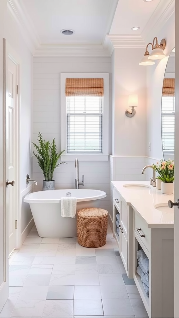 A stylish bathroom featuring a bathtub, sink, and plants, accented with neutral colors and natural textures.