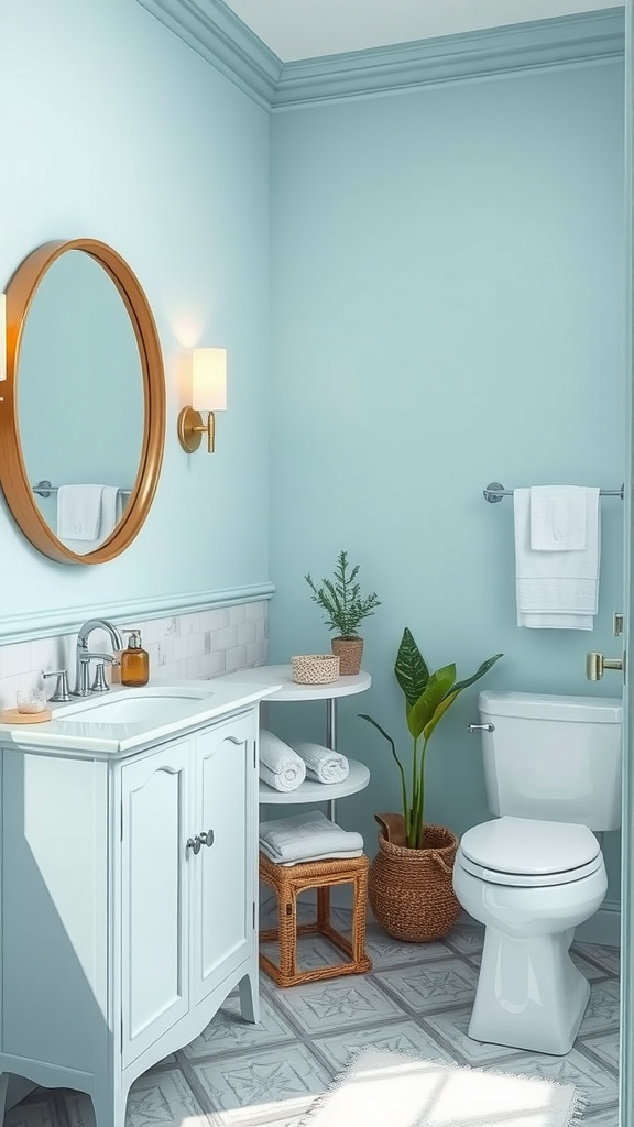 Light blue painted bathroom with a round mirror and modern decor