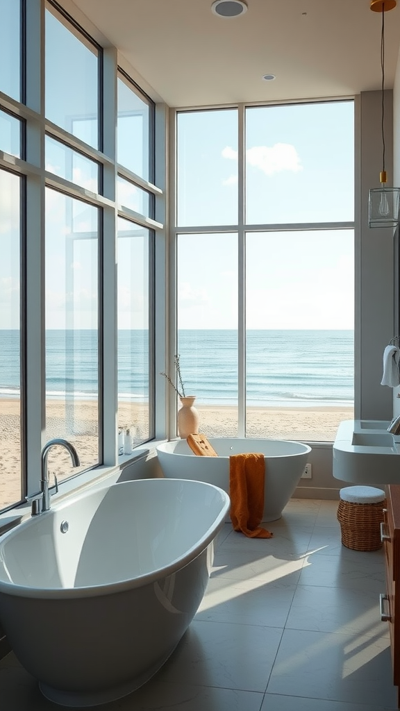 A modern bathroom with large windows overlooking the ocean, featuring two bathtubs and stylish decor.