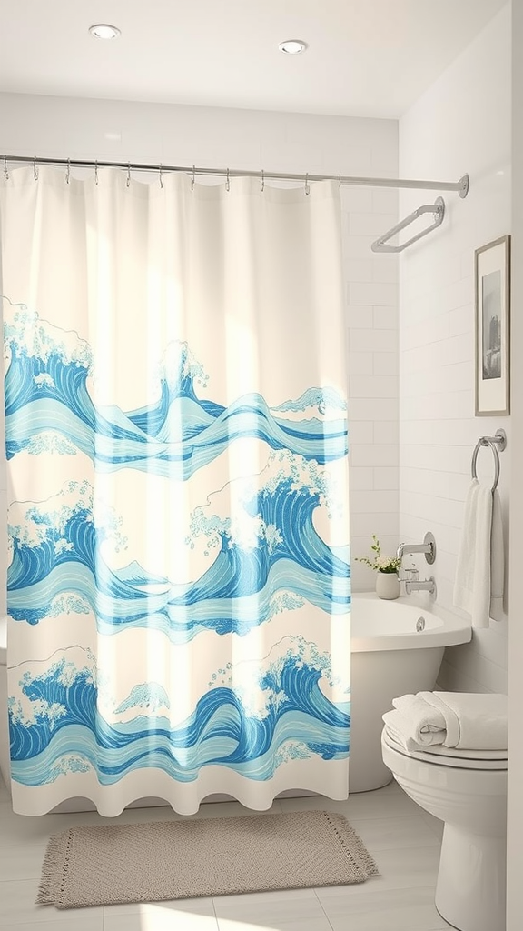 Ocean wave shower curtain in a modern bathroom setting