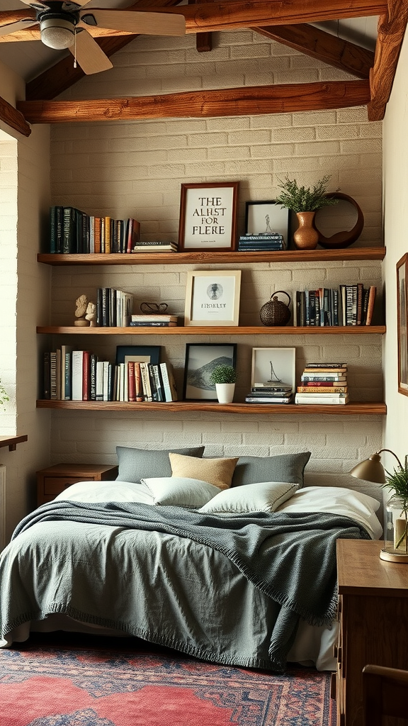 A cozy bedroom with wooden open shelves displaying books and decor, featuring a rustic and Scandinavian design.