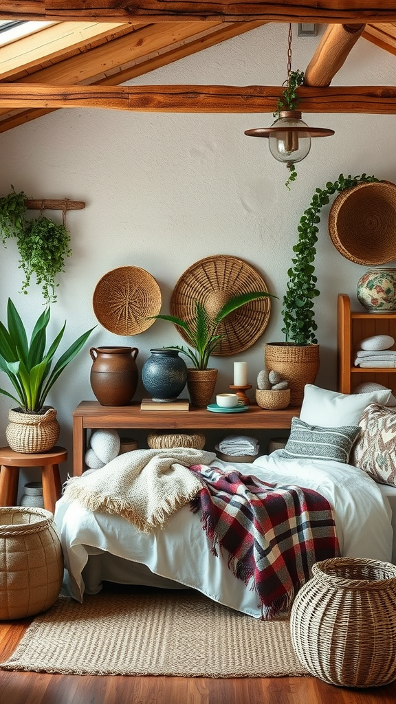 Cozy bedroom featuring rustic decor with natural materials and greenery.