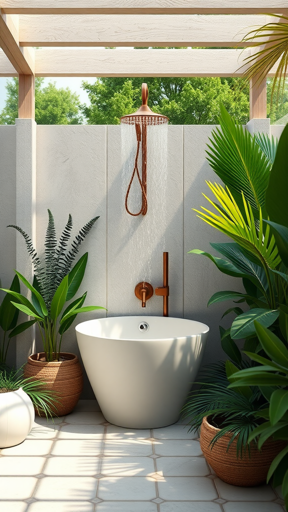 An outdoor shower with a round white basin surrounded by lush green plants.