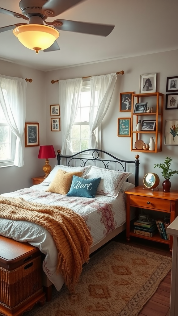 A cozy bedroom with rustic and Scandinavian decor featuring a bed, wooden furniture, and framed pictures on the walls.