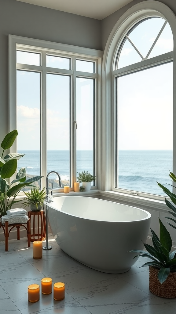 A serene bathroom with a freestanding tub, coastal view, plants, and candles.