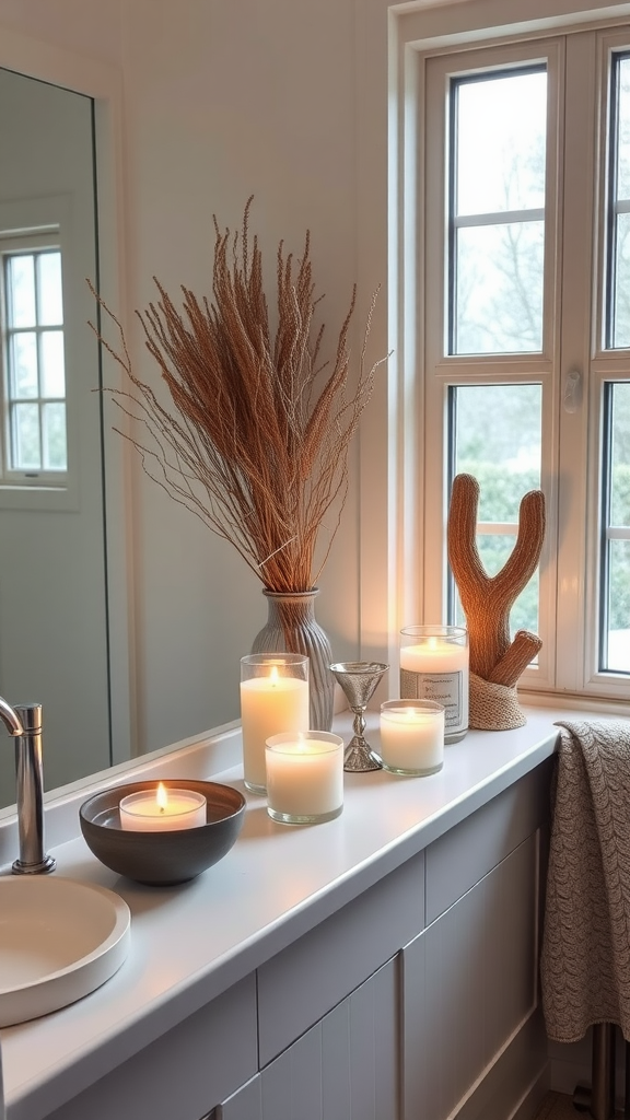 A serene bathroom scene featuring lit scented candles, decorative plants, and coastal decor.