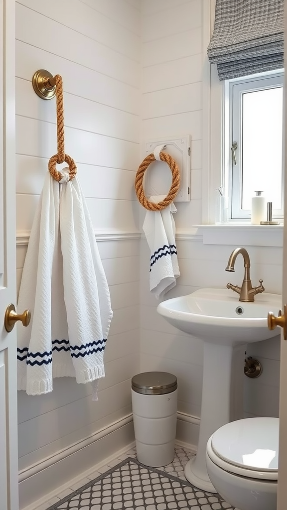 A bathroom featuring rope accents and classic white decor.