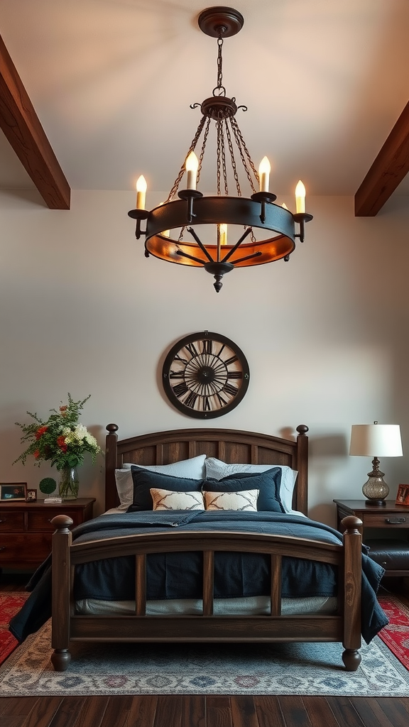 A rustic chandelier hanging above a cozy bedroom with a wooden bed frame and warm lighting.