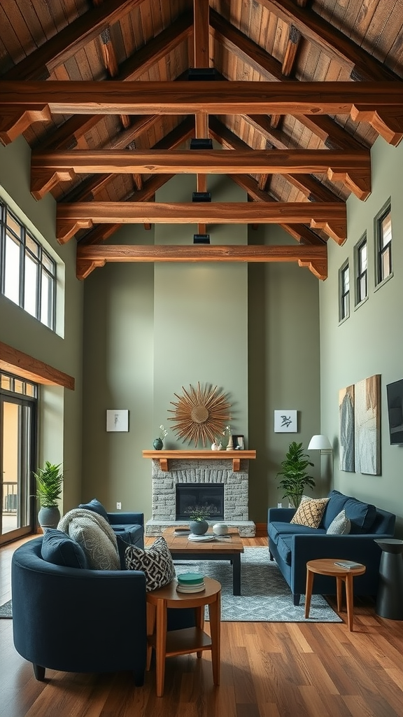 Living room with sage green walls, wooden beams, navy blue sofas, and stone fireplace.