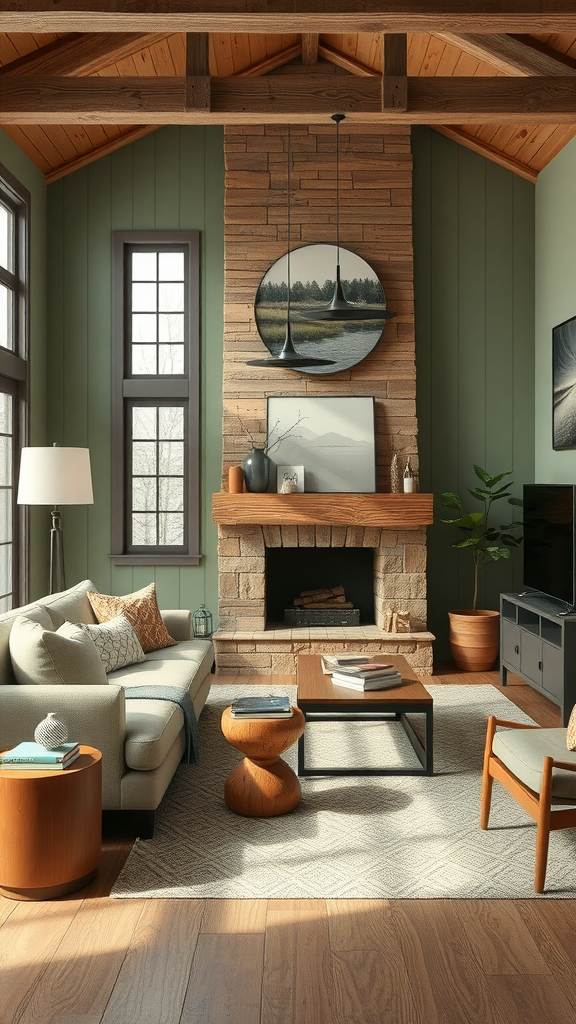 A cozy rustic living room featuring sage green walls, a stone fireplace, and comfortable furniture.