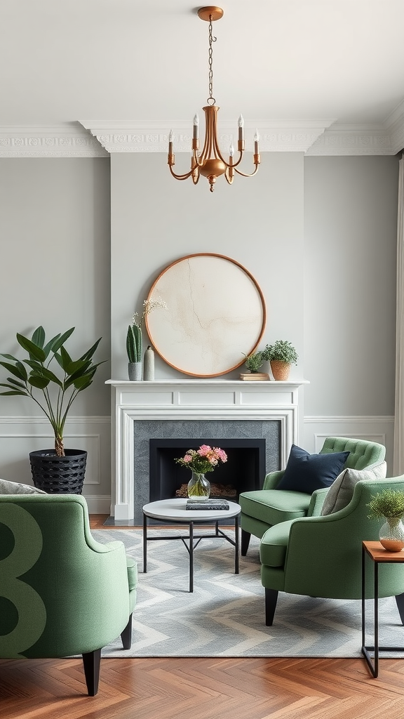 Living room featuring sage green accent chairs, a coffee table, and decorative plants.