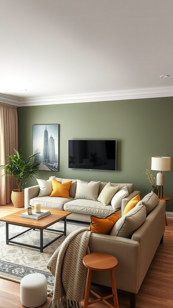 A stylish living room featuring a sage green accent wall with light furniture and orange pillows.