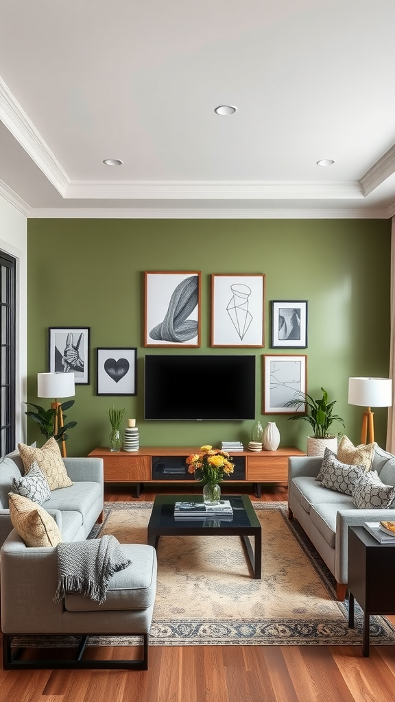 Living room with sage green accent wall, gray furniture, and wooden accents