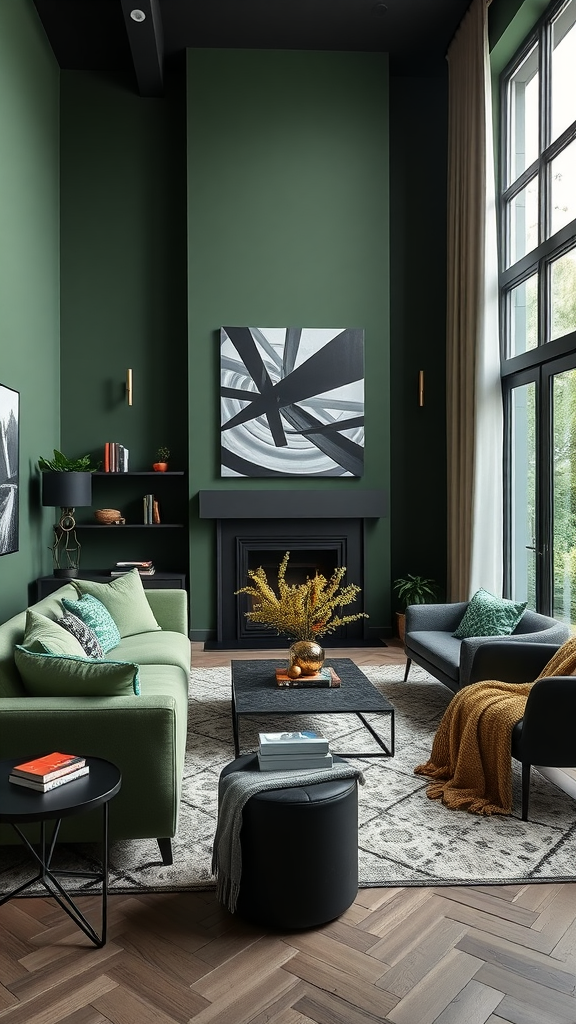 A stylish living room featuring sage green walls, black accents, and cozy decor.