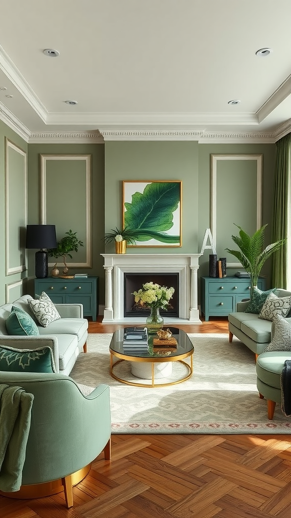 Living room featuring sage green walls, gold accents, and cozy furniture