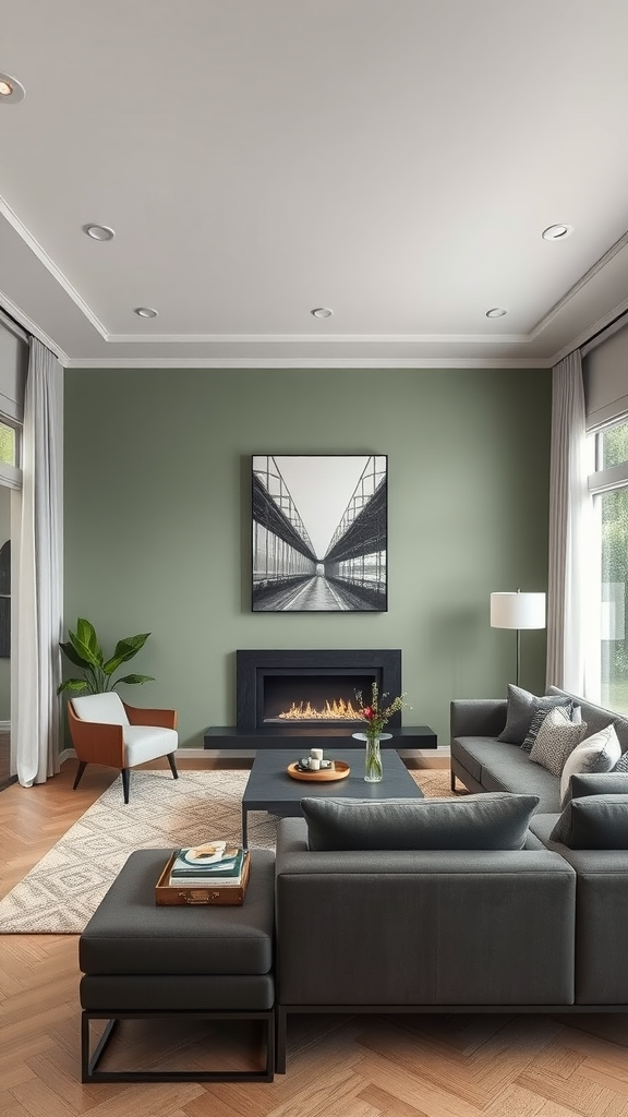 A modern living room with sage green walls and grey furniture, featuring a fireplace and decorative elements.