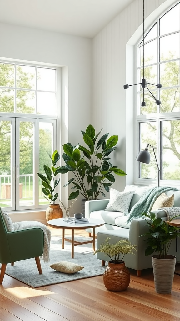 A bright living room featuring sage green decor, large windows, and plants, creating a cozy atmosphere.