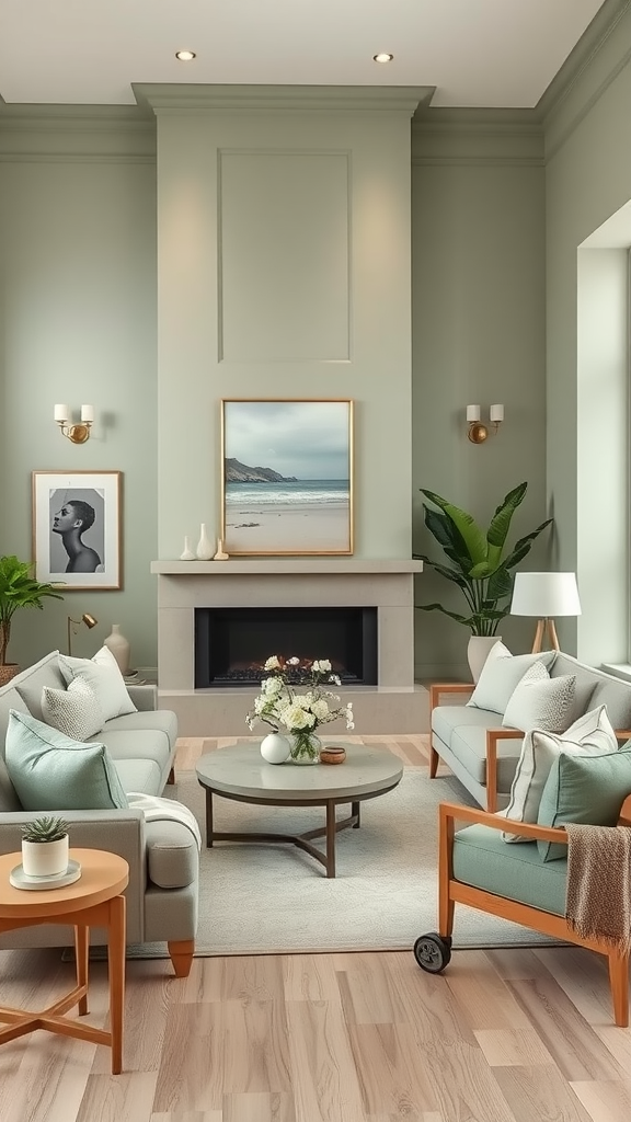 A modern living room featuring sage green walls, light gray sofas with pastel cushions, and a round coffee table on a wooden floor.