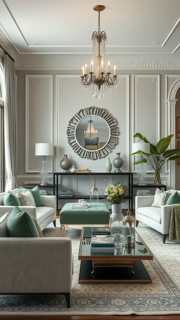 A stylish living room featuring sage green decor with a chandelier and elegant furnishings.