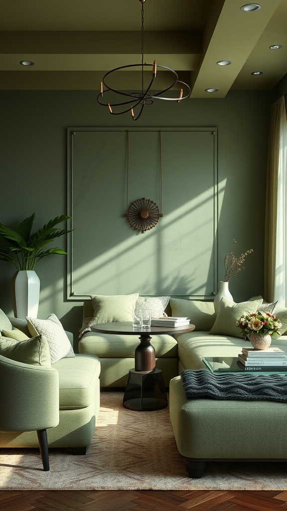 A stylish living room with sage green furniture and decor, featuring textured fabrics and natural light.