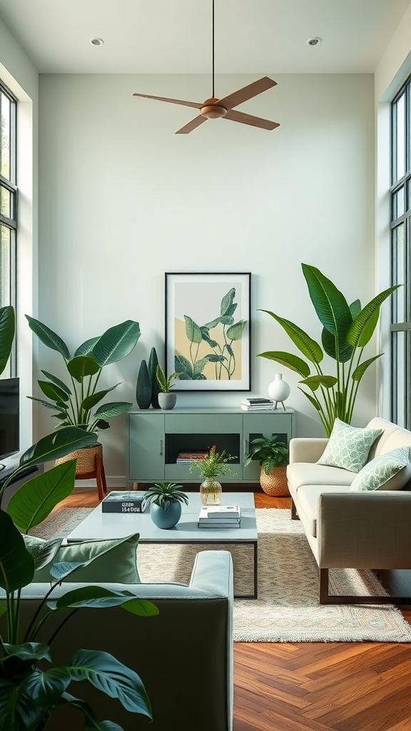 A sage green living room featuring tropical plants, a light-colored sofa, and a stylish coffee table.