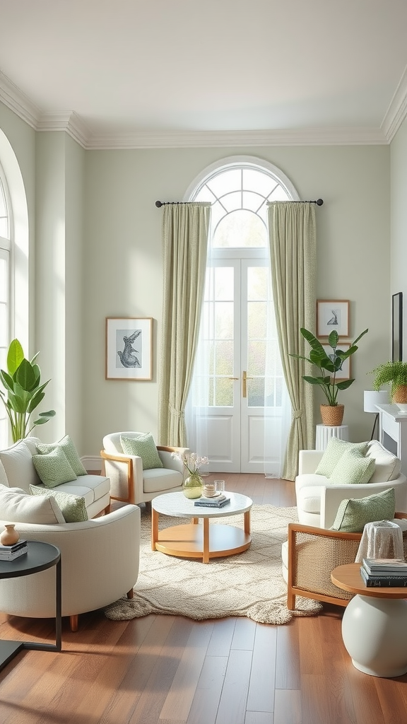 Living room with sage green and white decor, featuring large windows, comfortable seating, and plants