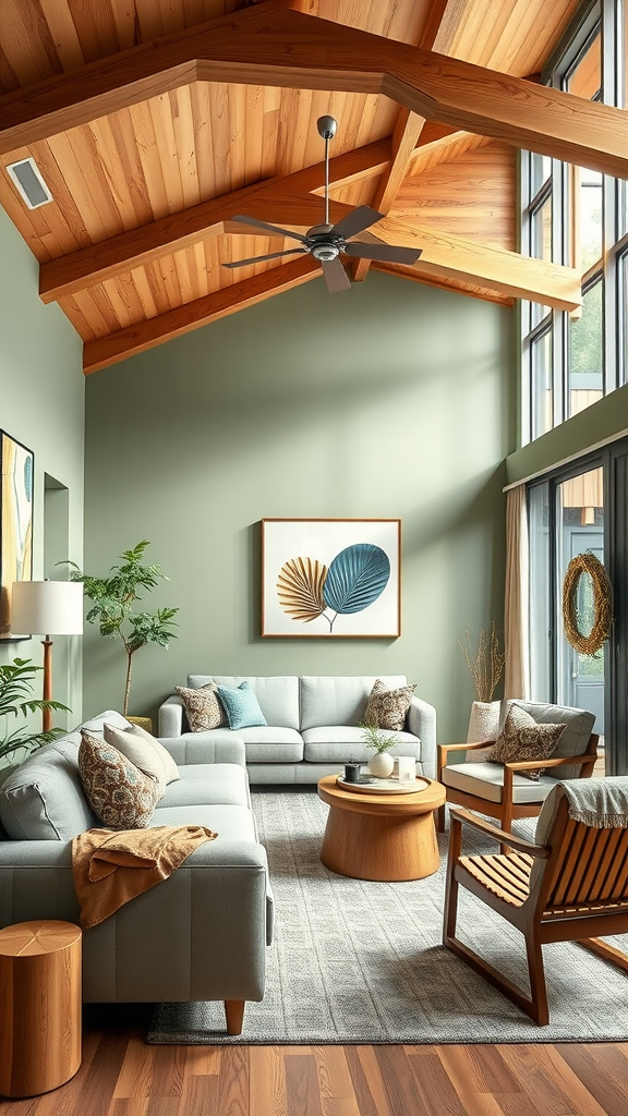 A beautifully designed living room featuring sage green walls and wooden elements.