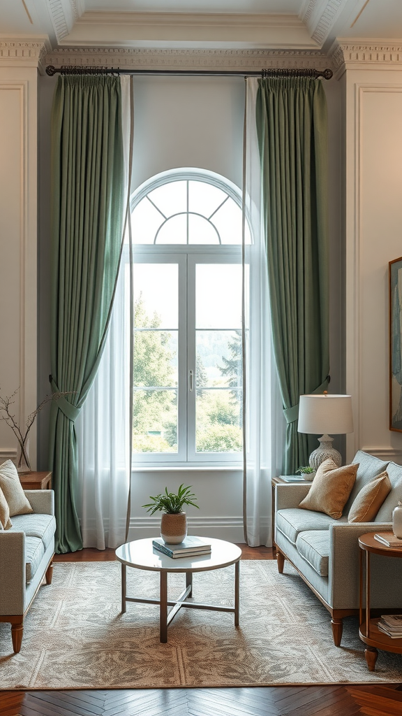 Living room with sage green curtains framing a large window, light sofas, and a round coffee table.