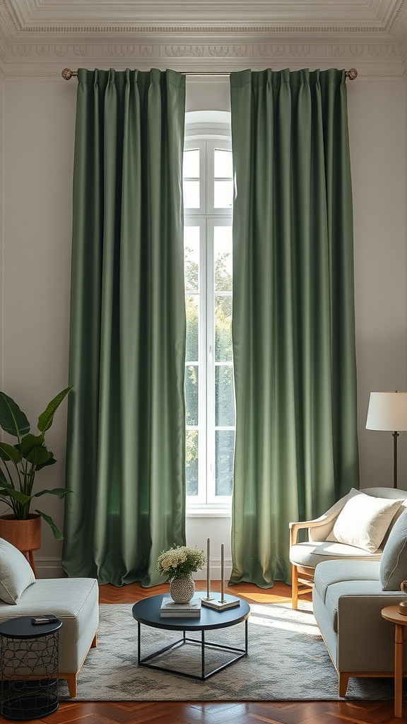 A living room with sage green curtains framing a window, featuring neutral furniture and a navy blue accent.