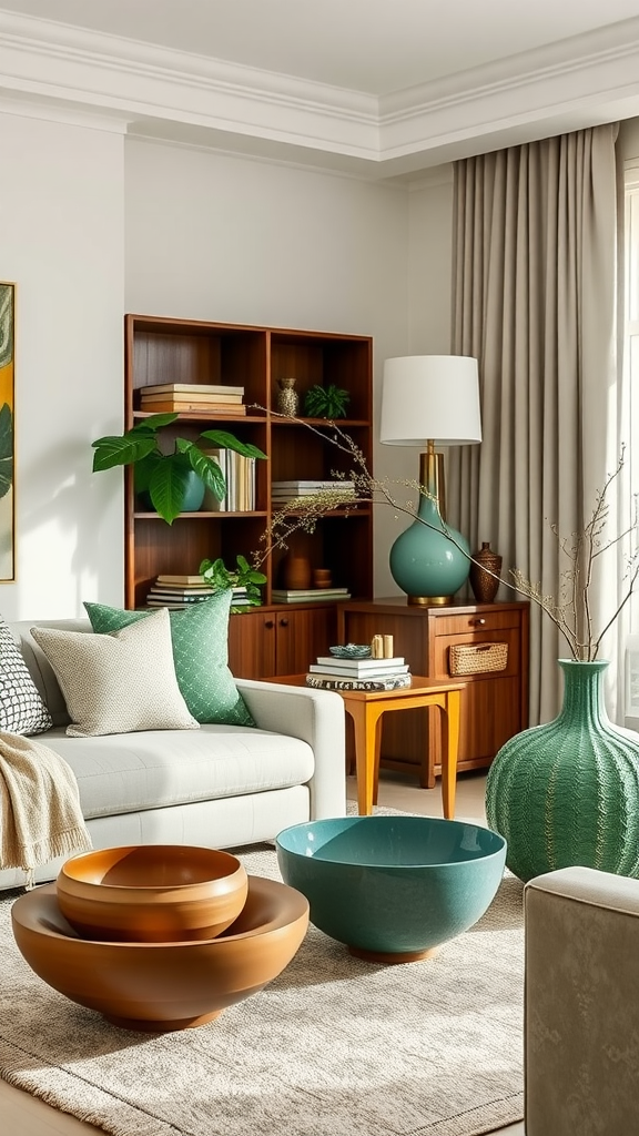 Sage green decorative bowls and vases in a stylish living room setting.