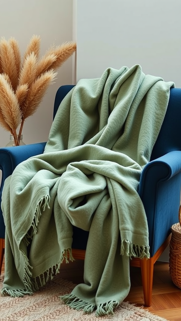 A sage green decorative throw draped over a navy blue chair with decorative elements around.