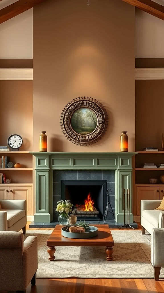 Cozy living room featuring a sage green fireplace surround, wooden coffee table, and warm seating.