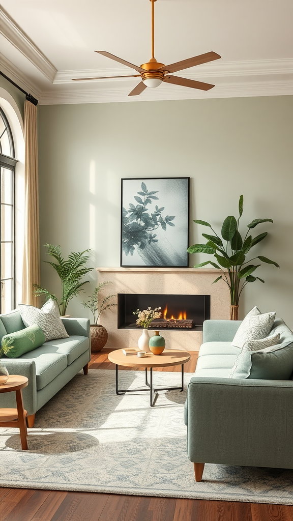 A serene living room featuring sage green walls and furniture, with plants and a fireplace.