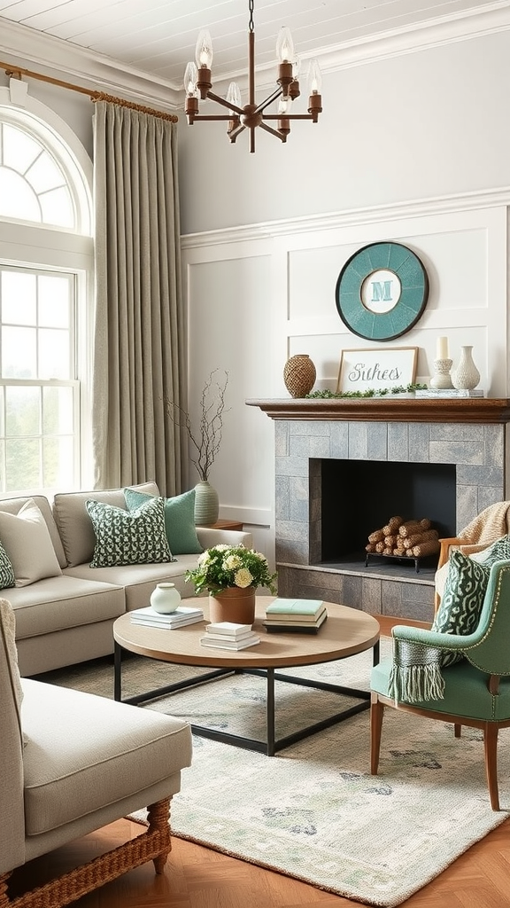 A stylish living room featuring sage green decor elements, a cozy couch, and a coffee table.