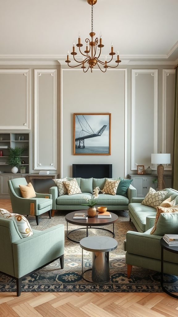 A stylish sage green living room featuring a chandelier, sofas, and a coffee table