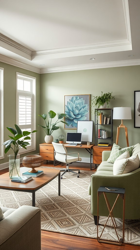 A stylish sage green home office nook with a desk, a comfortable chair, and plants, surrounded by cozy living room decor.