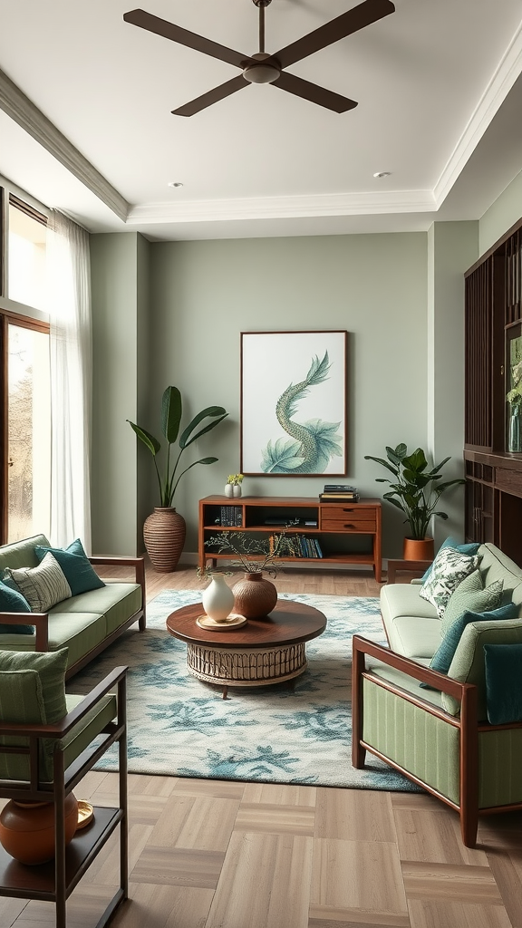 A serene living room featuring sage green walls and furniture, with natural light and plants.