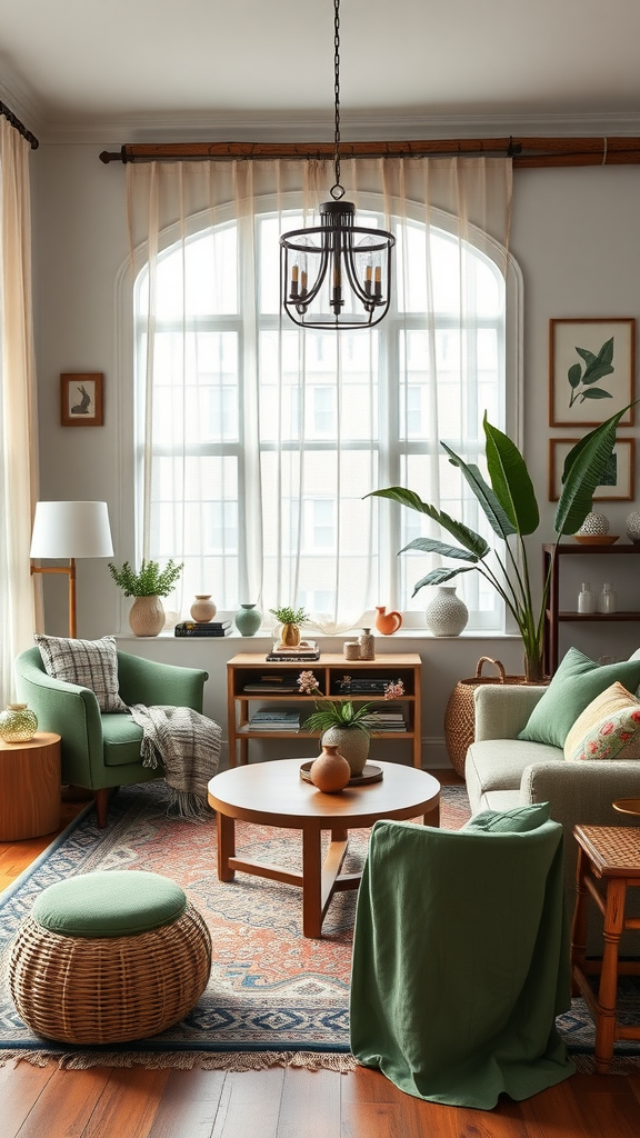 A cozy living room featuring sage green decor with plants and natural materials.