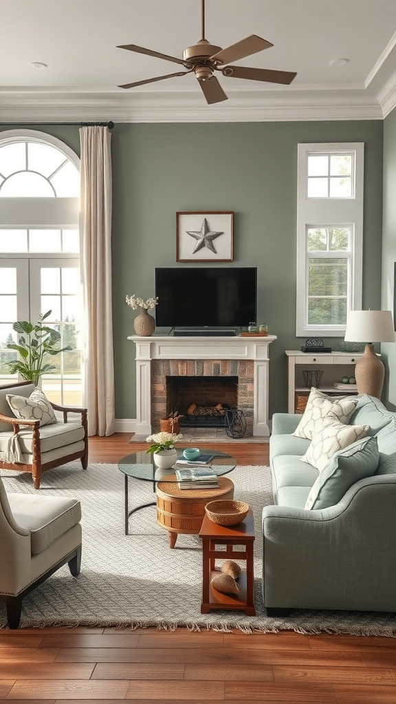 A cozy living room featuring sage green walls, light furniture, and coastal decor elements.