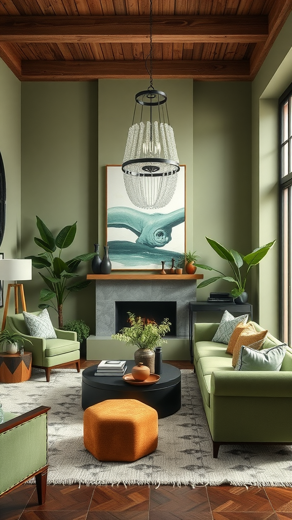 A cozy living room featuring sage green walls and furniture, with plants and an orange pouf, creating a warm and inviting atmosphere.