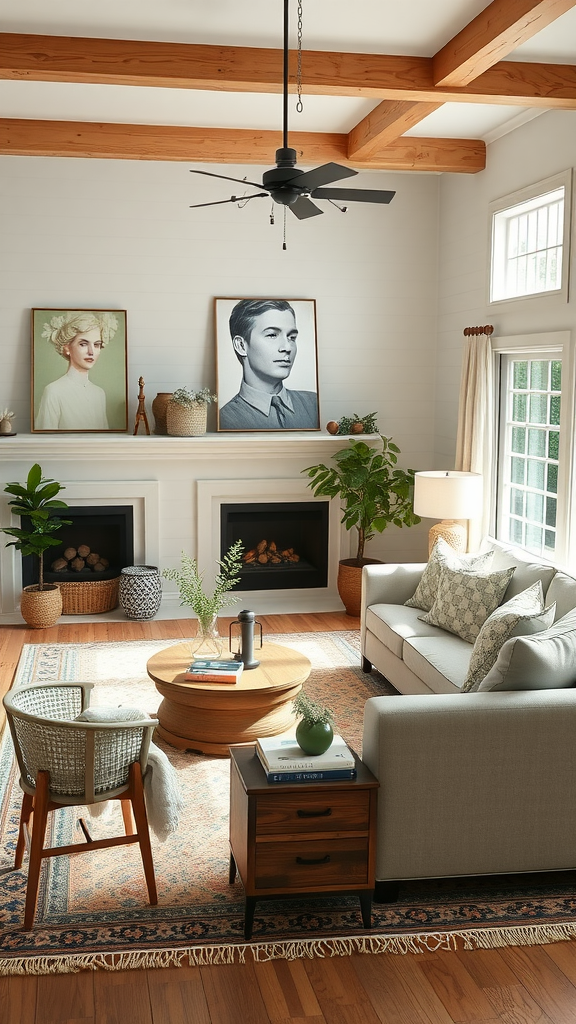 A cozy living room featuring sage green decor, wooden beams, and comfortable seating.