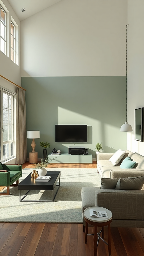 Modern living room featuring sage green walls and stylish furniture