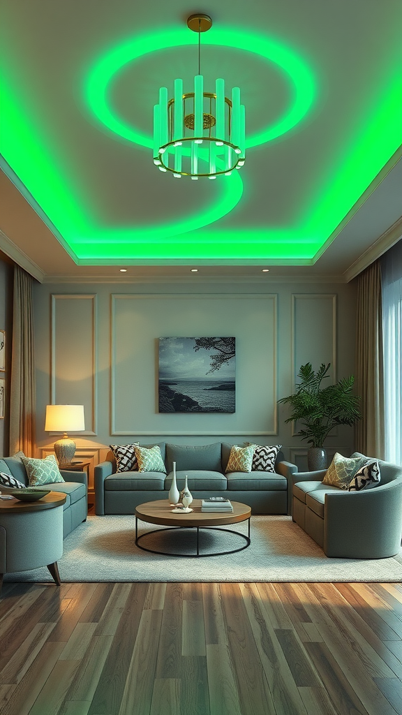 A stylish living room featuring sage green lighting fixtures and modern decor.