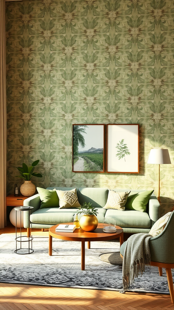 Cozy living room with sage green patterned wallpaper, green furniture, and natural decor elements