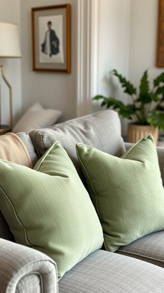 Two sage green textured pillows on a gray sofa in a living room setting.