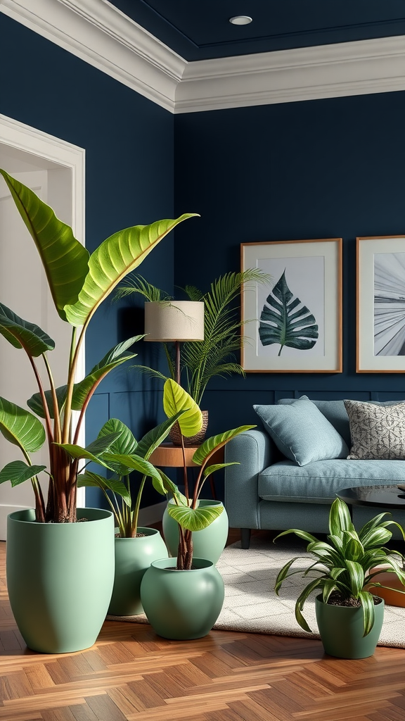 A living room featuring sage green planters with various plants against navy blue walls.