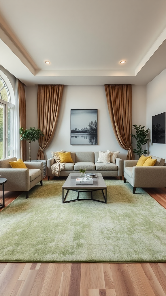 A cozy living room with a sage green rug, neutral sofas, and warm curtains.