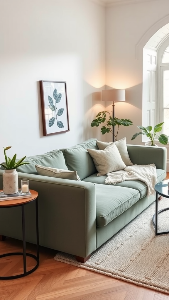 A cozy living room featuring a sage green sofa, surrounded by plants, decorative pillows, and warm lighting.